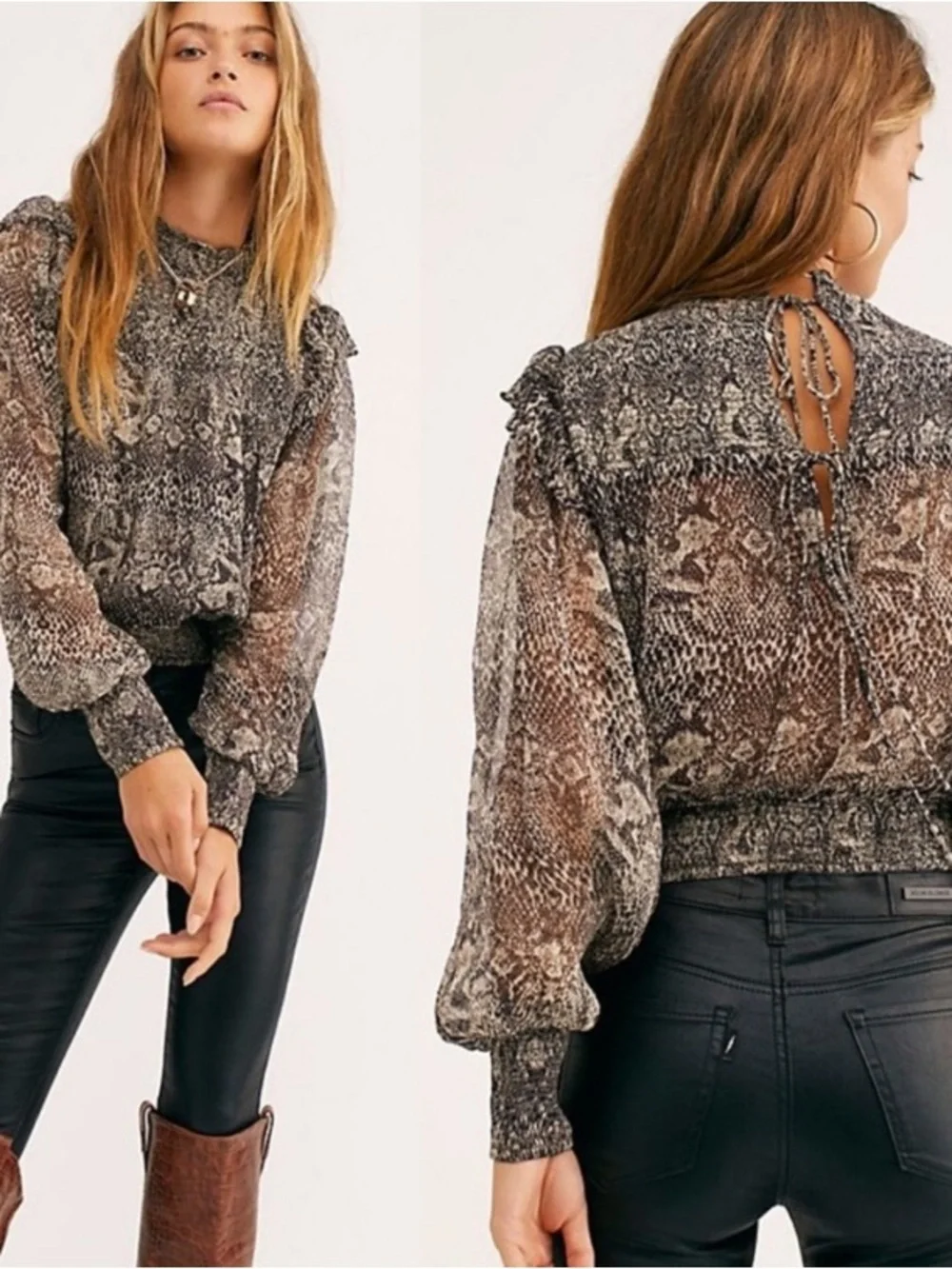 Free People Roma Smocked Blouse Neutral Snake Print Mock Neck Semi Sheer - M